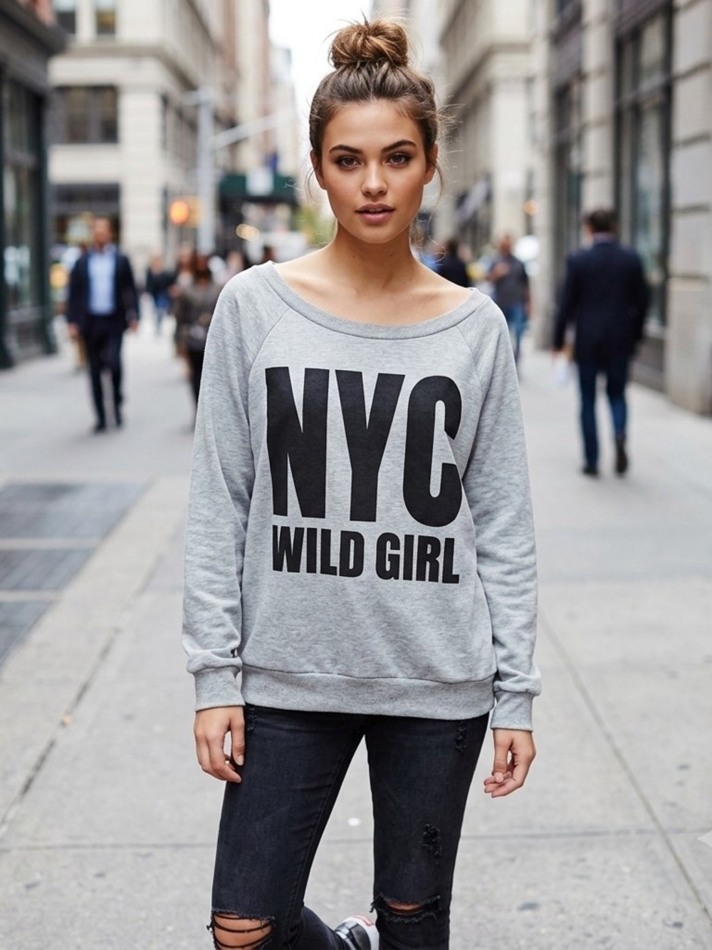 Forever 21 NYC Wild Girl Grey Graphic Off-The-Shoulder Sweatshirt Large